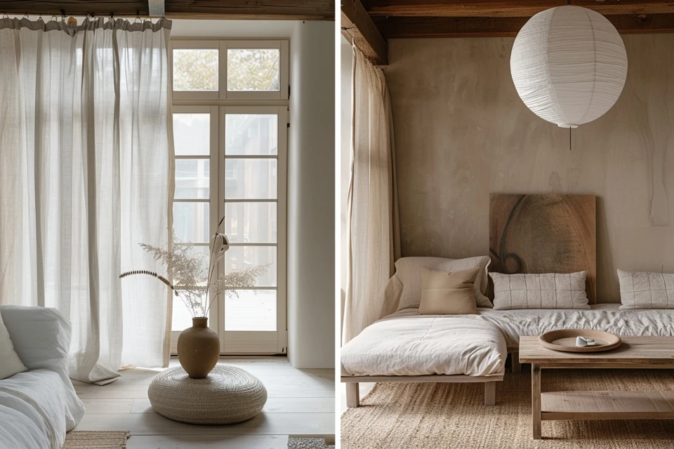Japandi furniture in serene living room and bedroom featuring natural wood platform bed and woven textures