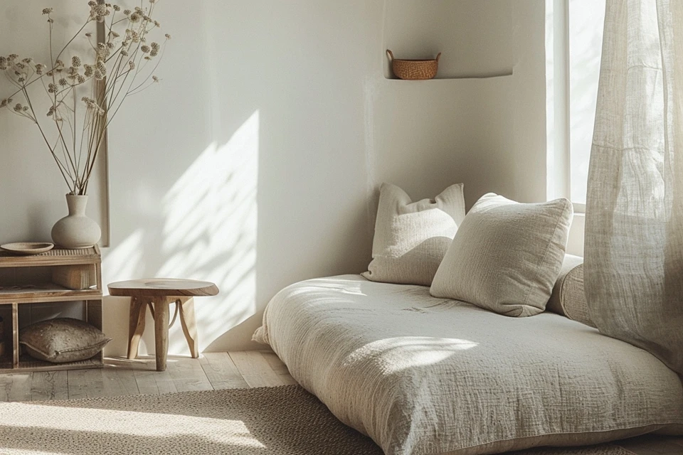 Minimalist japandi furniture living space with low seating, natural wood tables, and serene neutral palette