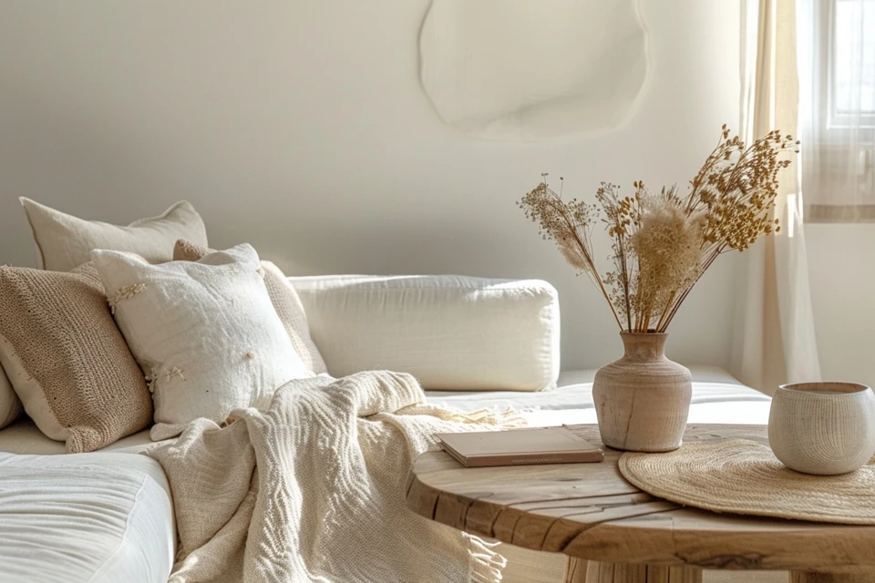 Japandi furniture on a budget featured living room with white linen sofa and natural wood coffee table