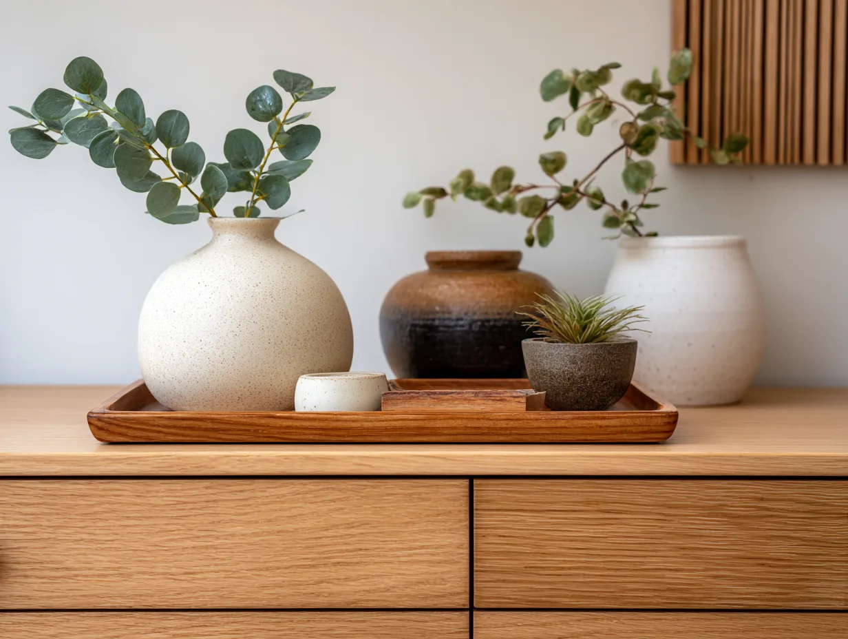Apandi dresser styling details Close-up of japandi long dresser top styling with ceramic vase, wooden tray, and small plant