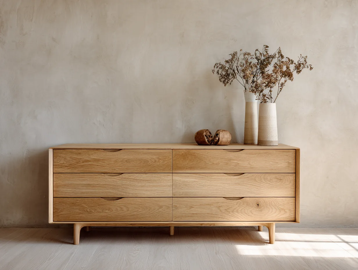 Essential japandi long dresser design Japandi long dresser in natural wood with clean lines in minimalist bedroom