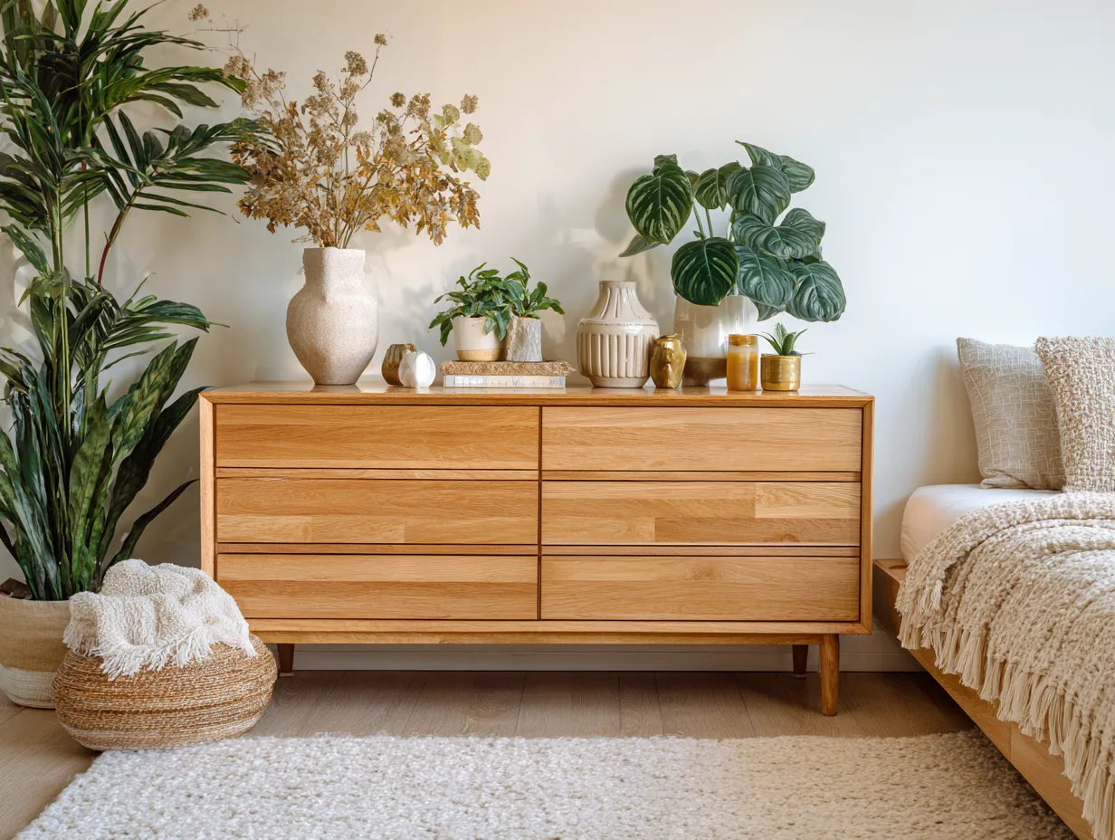 Japandi long dresser styling ideas Japandi long dresser styled with minimal decor and plants in bright bedroom