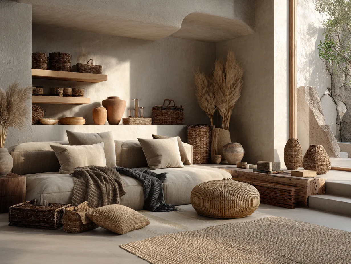 Textural japandi living room design inspiration Japandi living room with layered natural textures and neutral colors