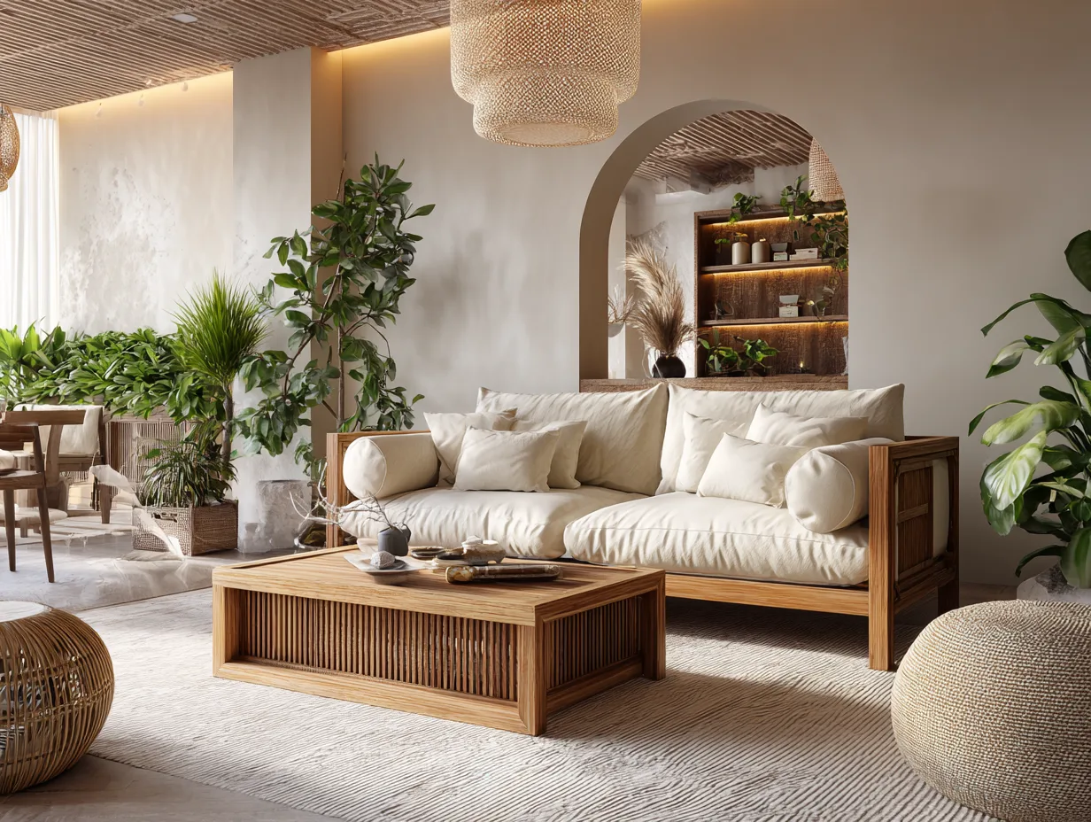 Textural japandi living room design inspiration Japandi living room with layered natural textures and neutral colors