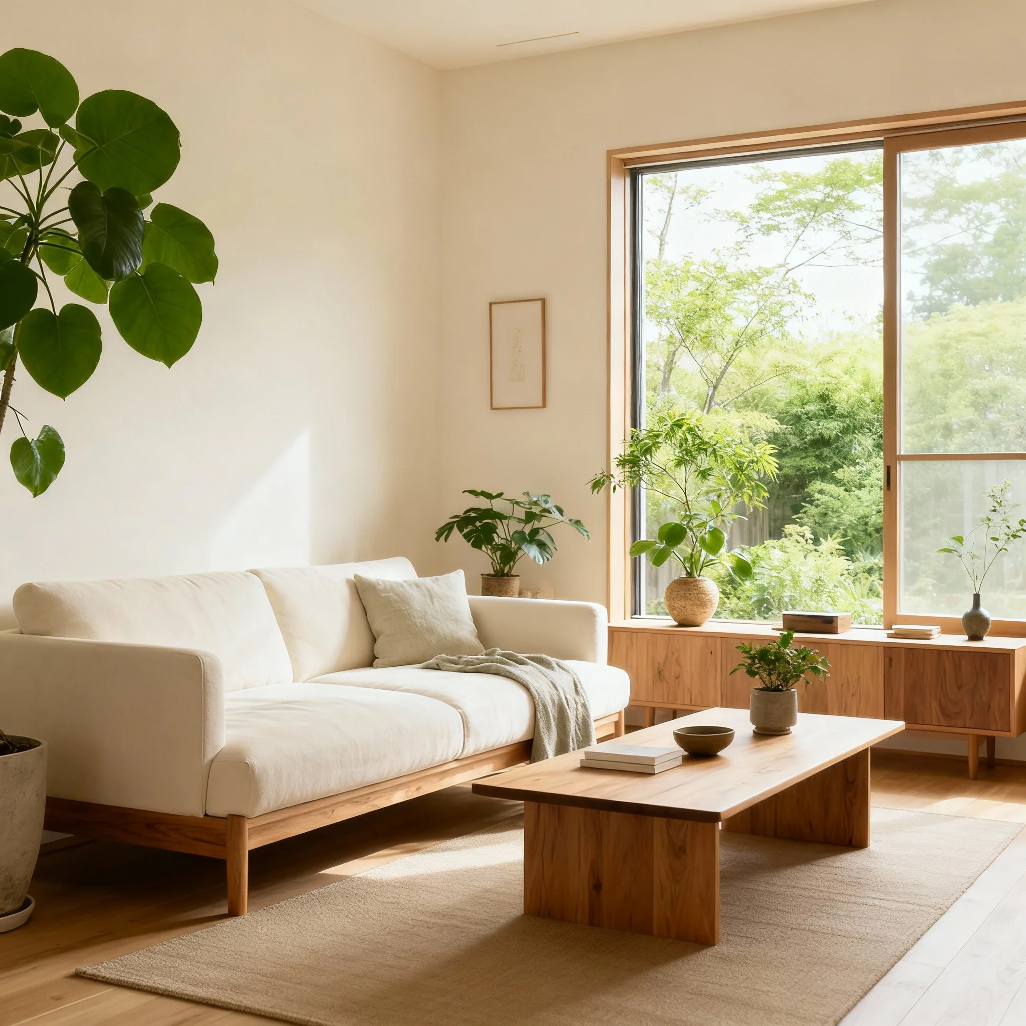 Japandi living room with layered textiles and soft lighting