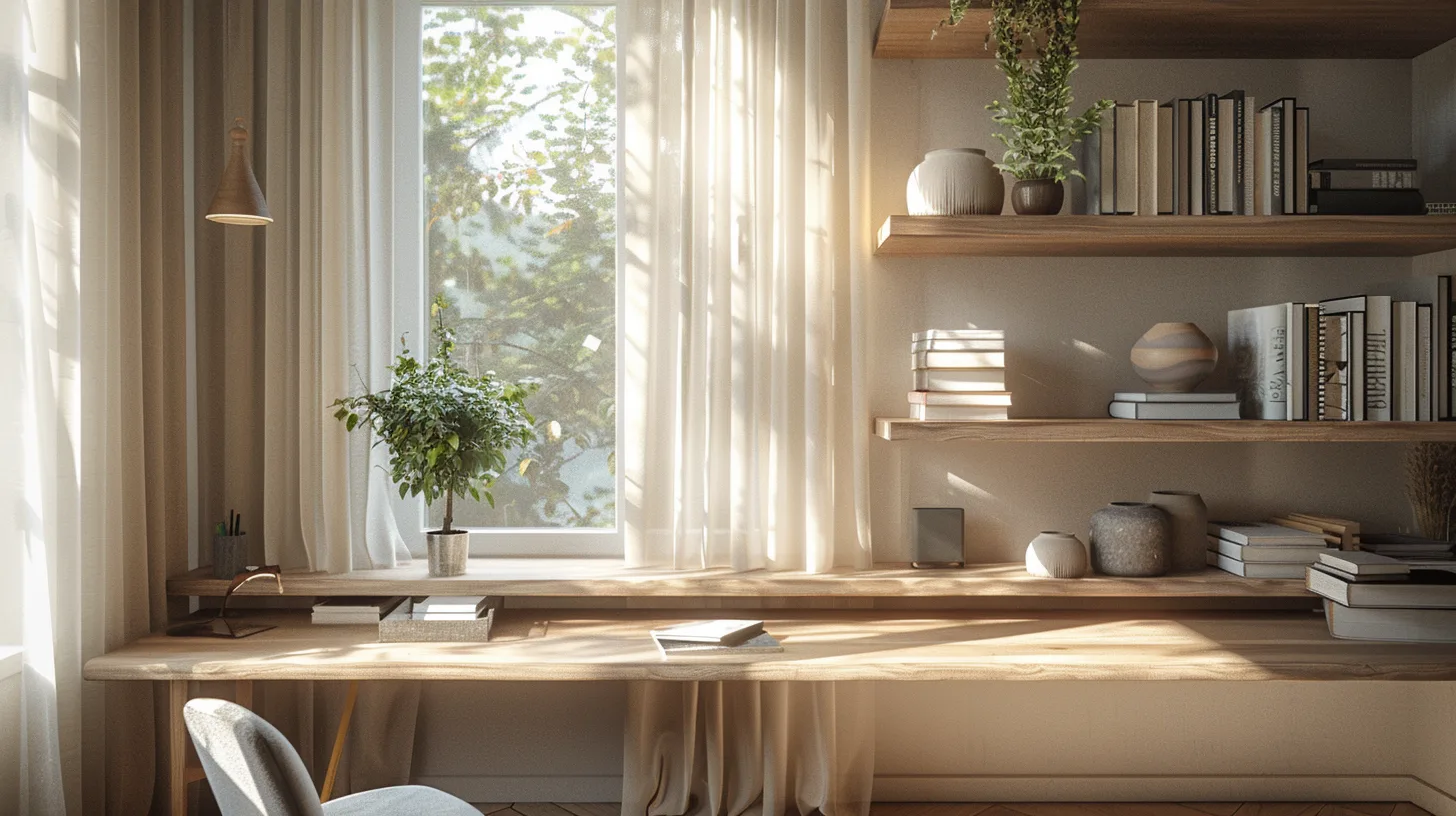 Home 3 A serene japandi home office, light oak floating desk near window