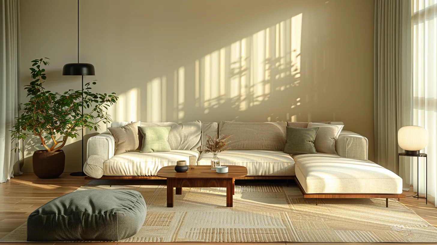 Home 2 Best colors for a japandi living room: a harmonious japandi living room featuring a color palette of warm beige, soft sage green, and natural wood tones, creating a calm and inviting atmosphere.