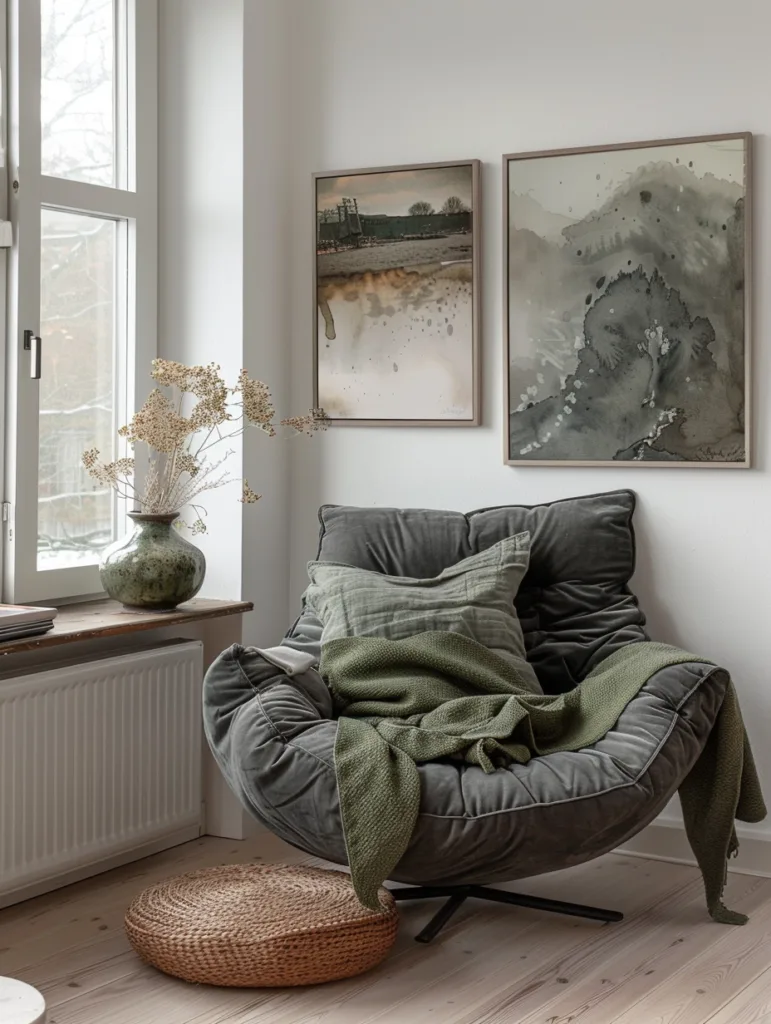 Japandi living room corner, charcoal gray accent chair, olive green throw blanket, pale wood flooring, gallery wall with abstract art in muted earth tones, peaceful atmosphere, soft afternoon light