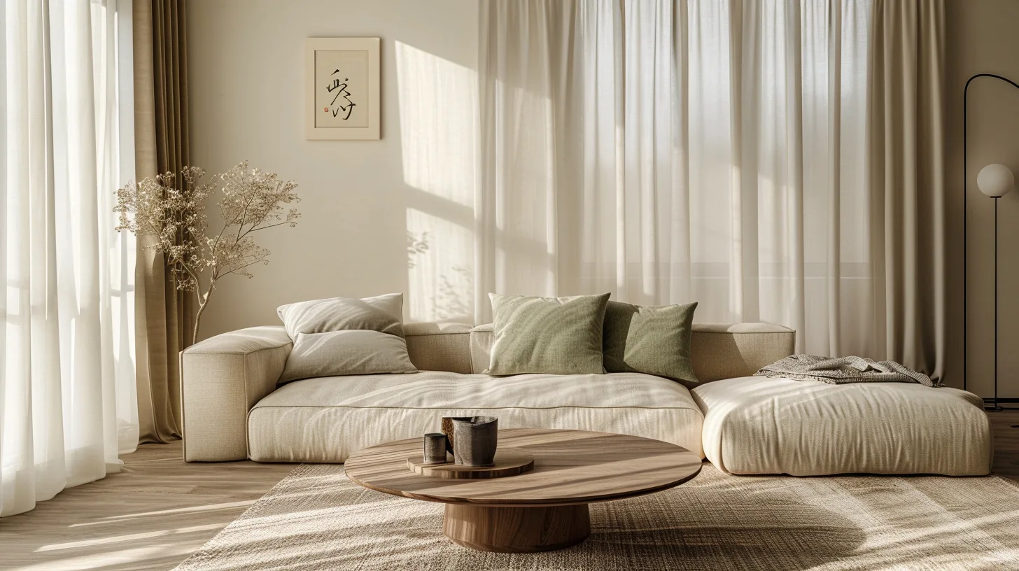 Best colors for a japandi living room: a harmonious japandi living room featuring a color palette of warm beige, soft sage green, and natural wood tones, creating a calm and inviting atmosphere.
