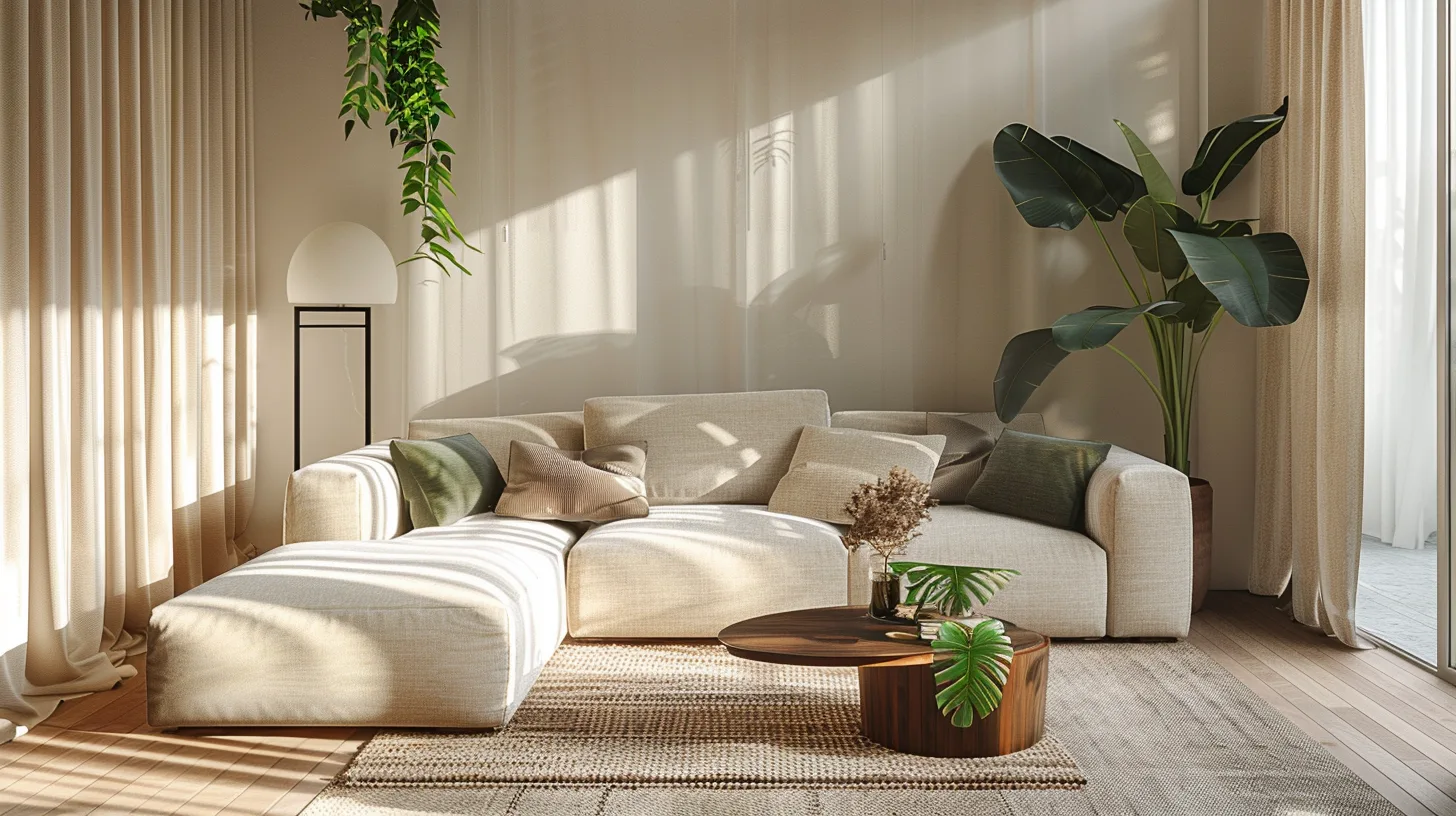 Best colors for a japandi living room: a harmonious japandi living room featuring a color palette of warm beige, soft sage green, and natural wood tones, creating a calm and inviting atmosphere.