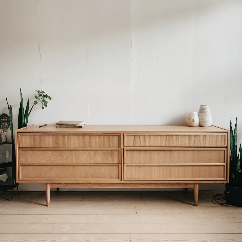 Wide minimalist japandi long dresser in pale oak with flush drawers and ceramic decor on light wood flooring