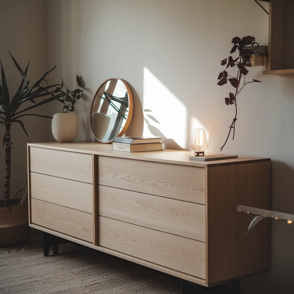 Light oak japandi long dresser styled with round mirror, ceramic vase, and warm edison lamp in a serene neutral bedroom