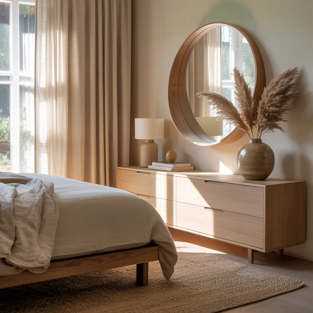 Sunlit american bedroom featuring a long low white oak japandi dresser 2 Japandi dressers for american homes — white oak long dresser in serene bedroom