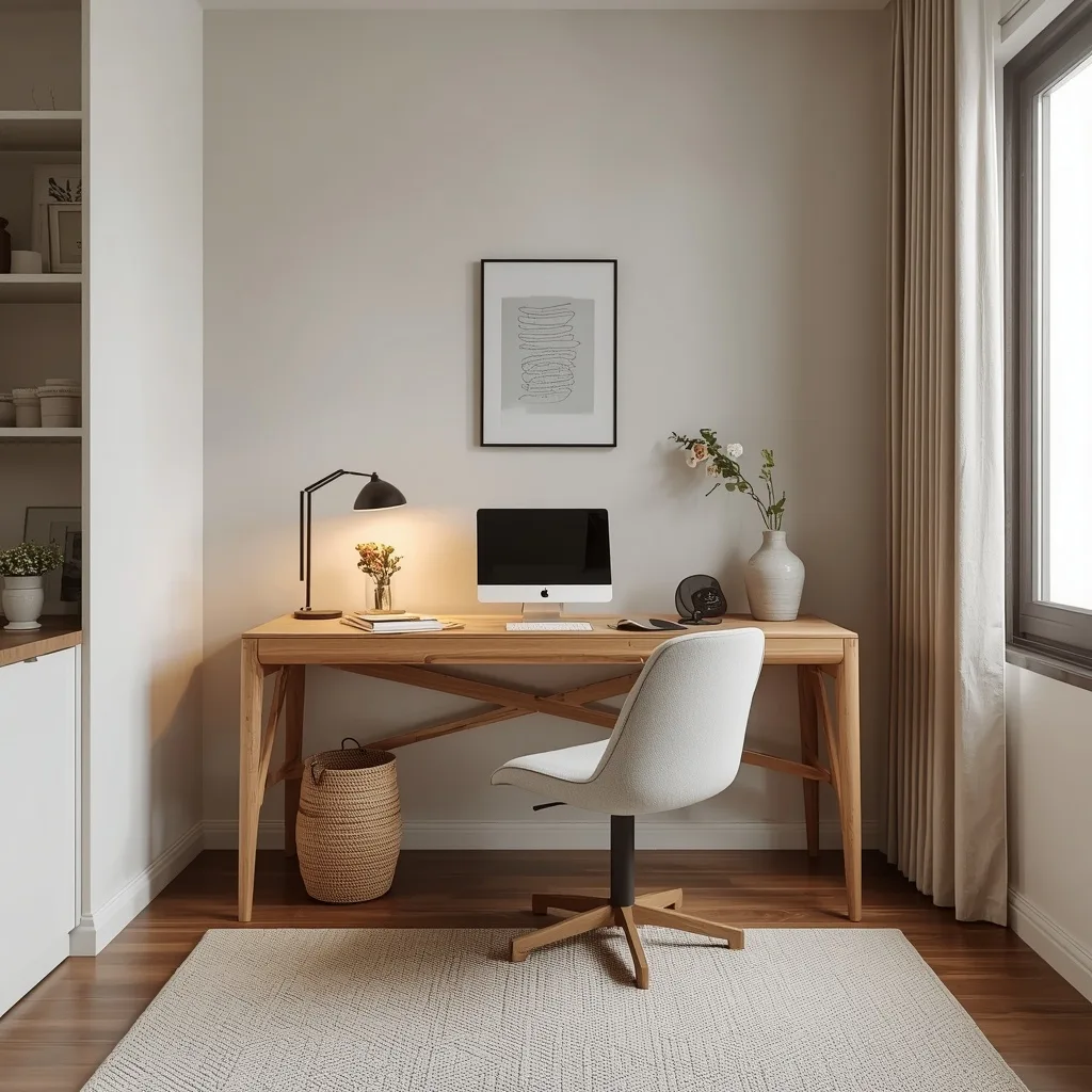 Japandi home office ideas with natural wood desk warm lighting and minimal decor