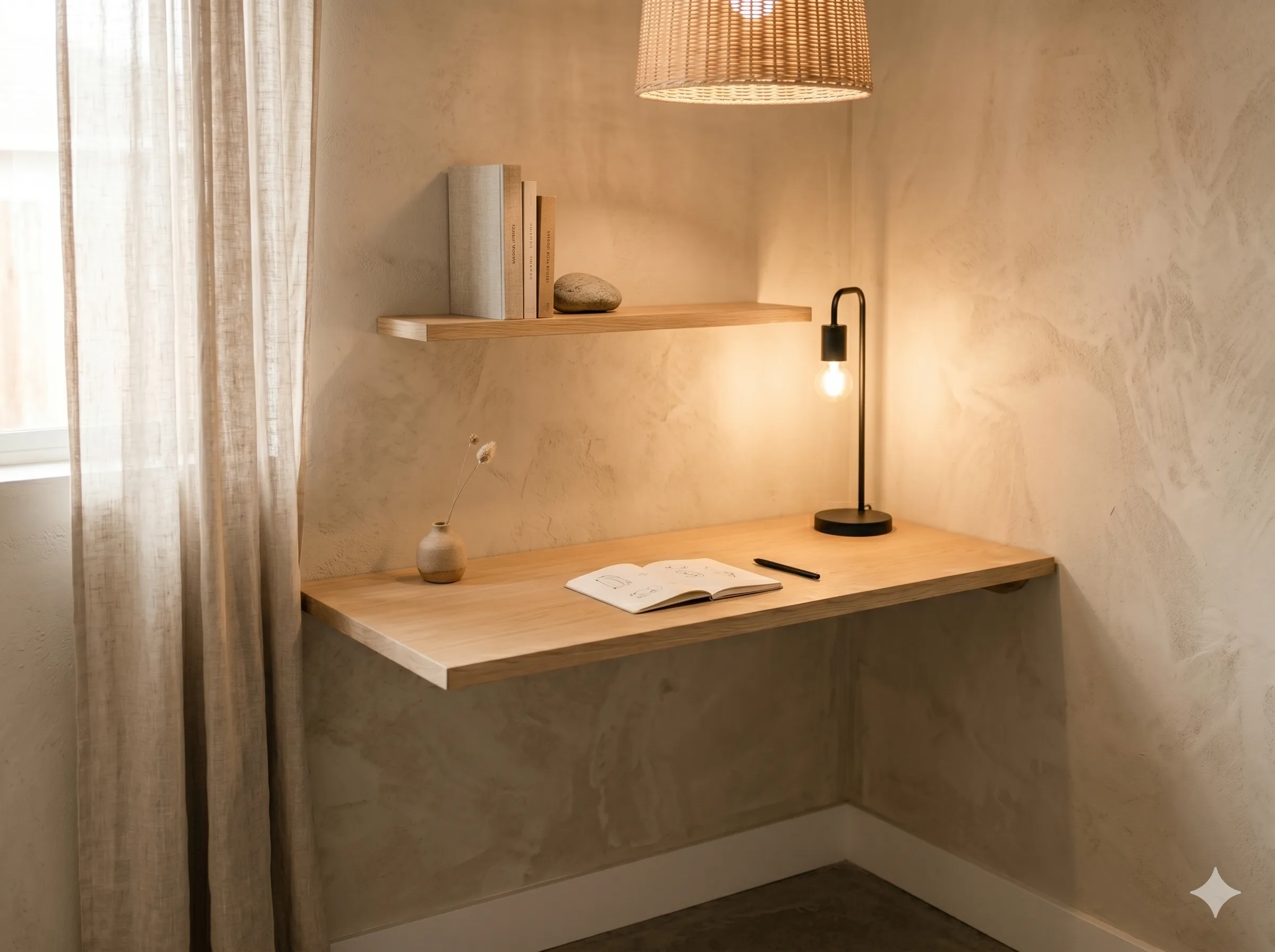 Japandi desk setup small home office floating wall mounted oak minimal