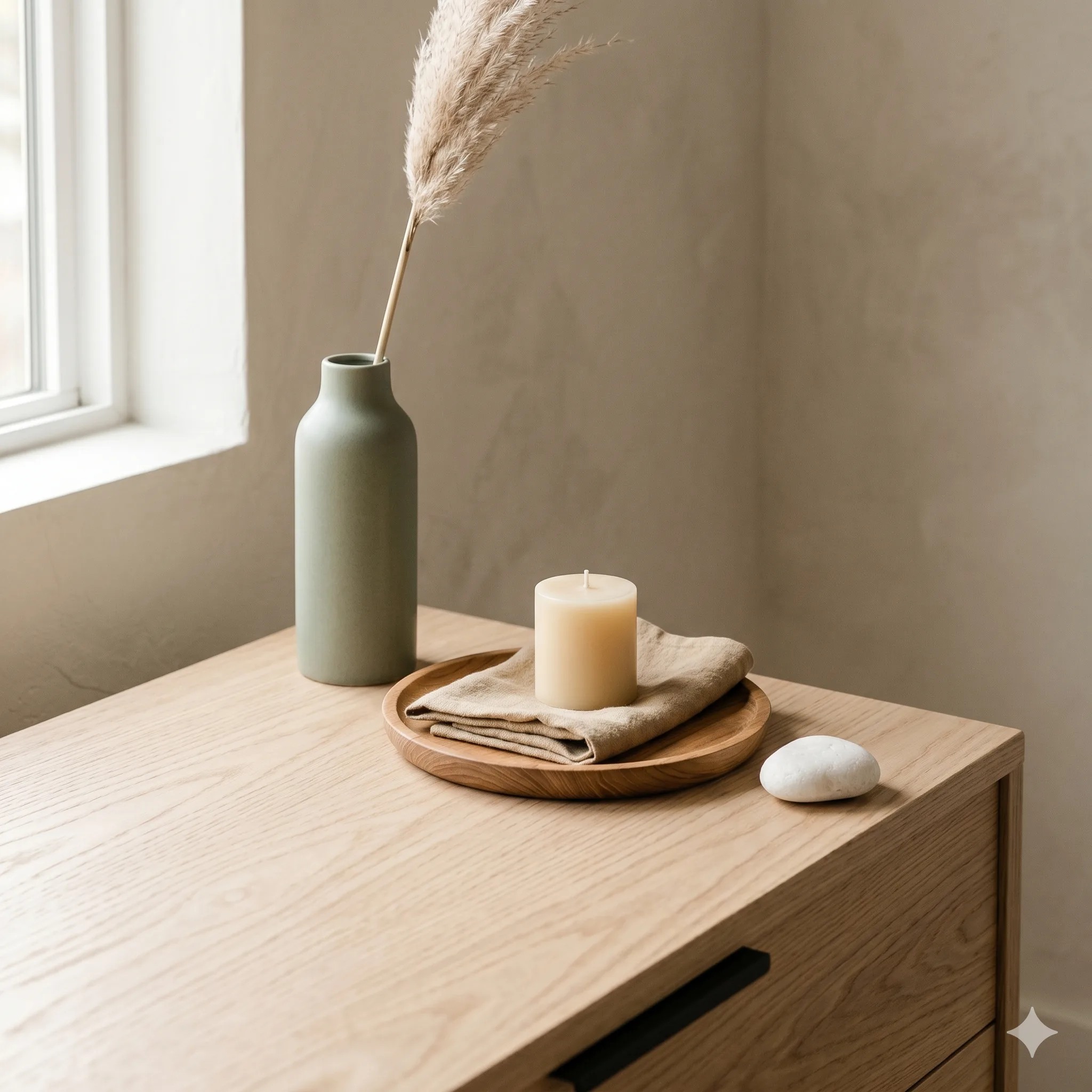 Japandi-dresser-styling-top-decor Japandi dresser top styling with ceramic vase dried stem wooden tray and candle