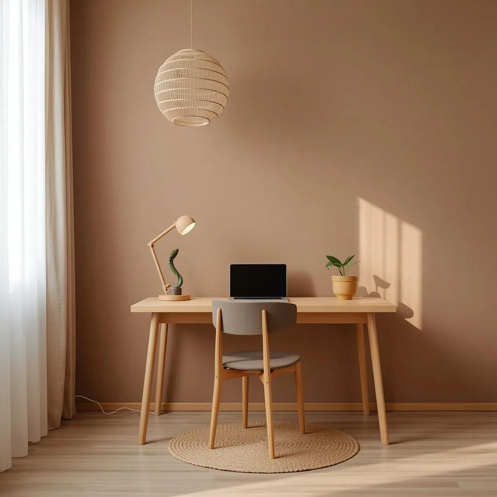 Japandi home office ideas with natural wood desk warm lighting and minimal decor