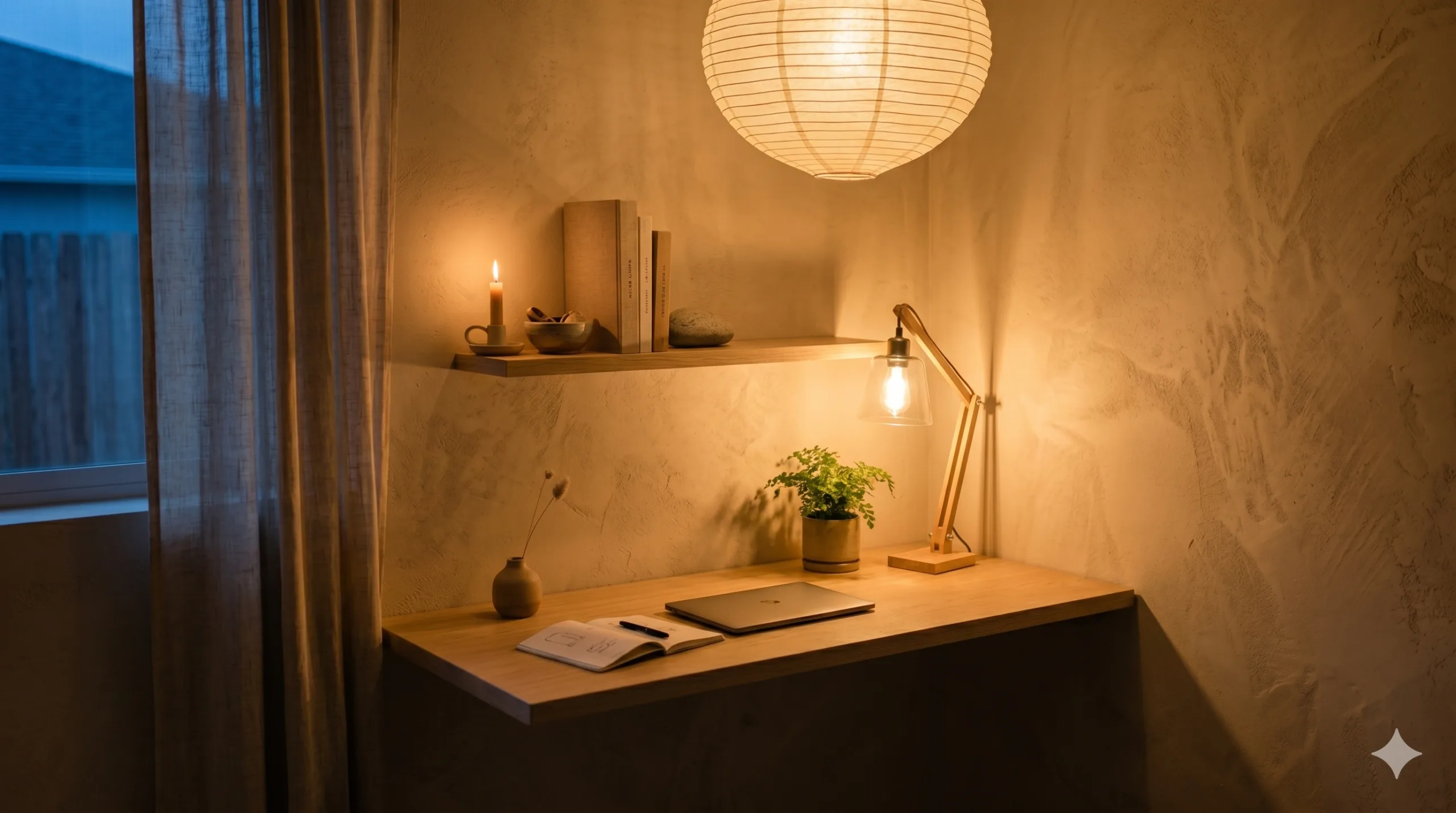 Japandi home office lighting warm desk lamp paper lantern 2700k serene workspace