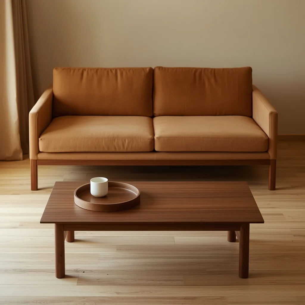 Japandi-low-profile-furniture-small-living-room Japandi low profile sofa and coffee table small living room warm wood