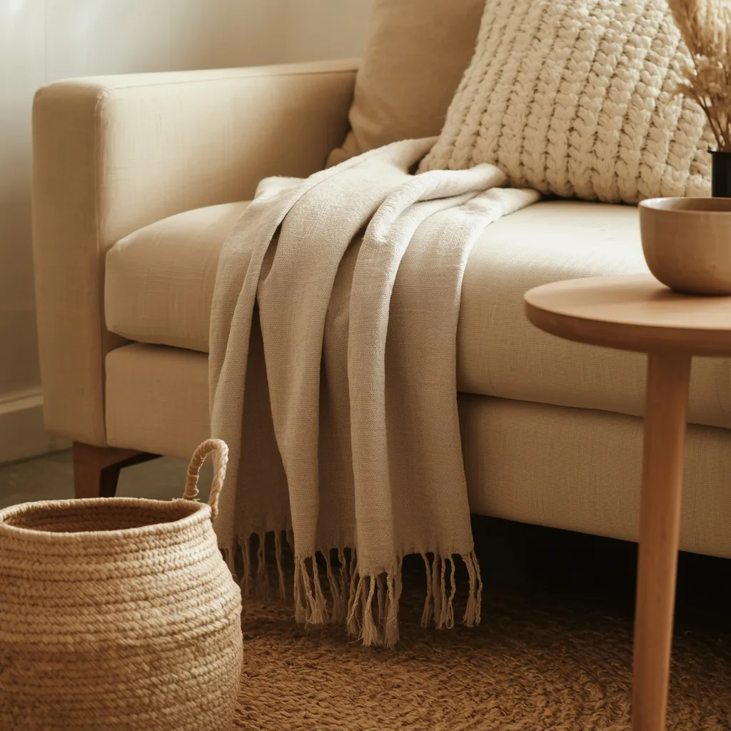 Japandi-natural-textures-living-room Japandi natural textures living room linen bouclé jute ceramic woven basket